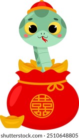 Personagem chinês bonito do ano novo do desenho animado de serpente em um saco de sorte lingotes de ouro. Design Plano De Ilustração De Vetor Isolado Em Plano De Fundo Transparente