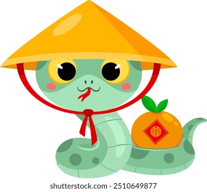 Cute Chinese New Year Snake Cartoon Character Holding A New Year Mandarin Orange. Vector Illustration Flat Design Isolated On Transparent Background