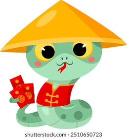 Cute Chinese New Year Snake Cartoon Character Holding Red Money Packets. Vector Illustration Flat Design Isolated On Transparent Background