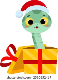 Cute Chinese New Year Snake Cartoon Character With Santa Exit From Gift Box. Vector Illustration Flat Design Isolated On Transparent Background