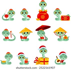 Cute Chinese New Year Snake Cartoon Character. Vector Flat Design Collection Set Isolated On Transparent Background