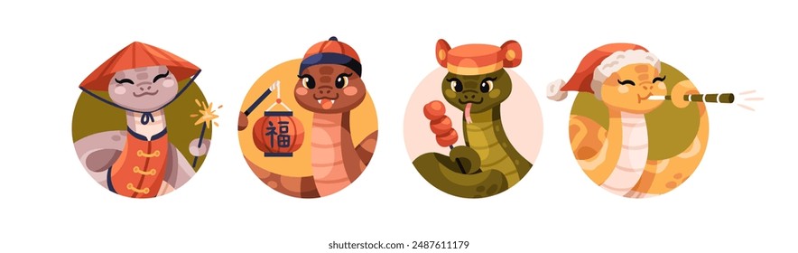 Cute Chinese New Year snakes, animal mascot. Funny happy viper characters in Santa hats. Christmas avatars in childish cartoon kawaii style. Flat vector illustration isolated on white background