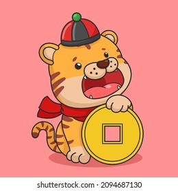 Cute Chinese New Year Tiger And Big Gold Coin