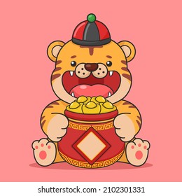Cute Chinese New Year Tiger Holding Gold Money Pot