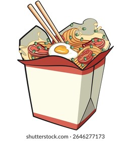 cute chinese noodles box cartoon vector, kawaii ramen takeout with chopsticks, isolated food illustration asian cuisine design, work of hand drawn