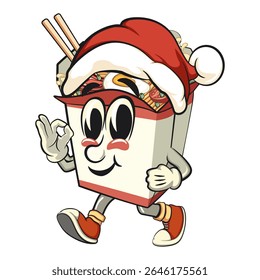 cute chinese noodles box mascot cartoon vector wearing a Santa Claus hat, kawaii ramen takeout character with chopsticks, isolated food illustration asian cuisine design, work of hand drawn