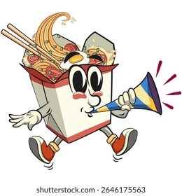 cute chinese noodles box mascot cartoon vector blow the party horn trumpet, kawaii ramen takeout character with chopsticks, isolated food illustration asian cuisine design, work of hand drawn