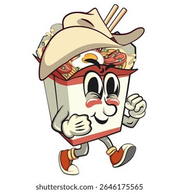 cute chinese noodles box mascot cartoon vector walking wearing a cowboy hat, kawaii ramen takeout character with chopsticks, isolated food illustration asian cuisine design, work of hand drawn