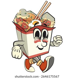 cute chinese noodles box mascot cartoon vector walking, kawaii ramen takeout character with chopsticks, isolated food illustration asian cuisine design, work of hand drawn