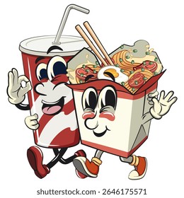 cute chinese noodles box mascot cartoon vector walking with a soft drink paper cup, kawaii ramen takeout character with chopsticks, isolated food illustration asian cuisine design, work of hand drawn