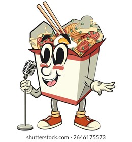 bonitinho chinês macarrão caixa mascote vetor de desenhos animados na frente do microfone, kawaii ramen take out personagem com pauzinhos, ilustração de comida isolada design cozinha asiática, trabalho de mão desenhada