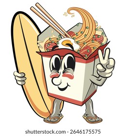cute chinese noodles box mascot cartoon vector with surfboard and gave a peace sign, kawaii ramen takeout character with chopsticks, isolated food illustration asian cuisine design, work of hand drawn