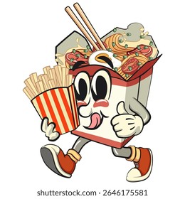 cute chinese noodles box mascot cartoon vector brought a box of french fries, kawaii ramen takeout character with chopsticks, isolated food illustration asian cuisine design, work of hand drawn
