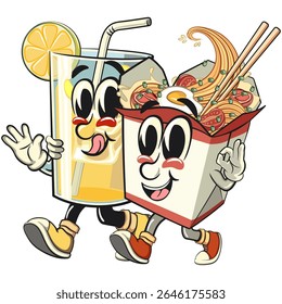 cute chinese noodles box mascot cartoon vector walking with a glass of refreshing iced juice, kawaii ramen takeout character with chopsticks, work of hand drawn