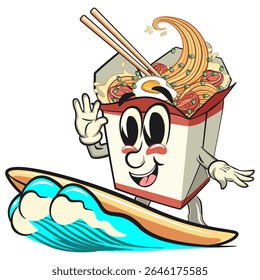 cute chinese noodles box mascot cartoon vector surfing riding the waves, kawaii ramen takeout character with chopsticks, isolated food illustration asian cuisine design, work of hand drawn
