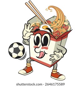 cute chinese noodles box mascot cartoon vector play football or soccer, kawaii ramen takeout character with chopsticks, isolated food illustration asian cuisine design, work of hand drawn