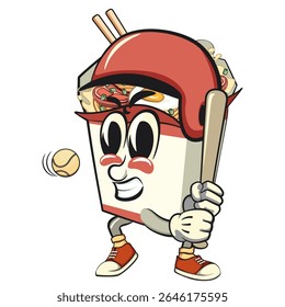 cute chinese noodles box mascot cartoon vector wear a helmet playing baseball, kawaii ramen takeout character with chopsticks, isolated food illustration asian cuisine design, work of hand drawn