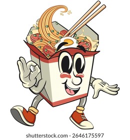 cute chinese noodles box mascot cartoon vector dancing while giving the okay sign, kawaii ramen takeout character with chopsticks, isolated food illustration asian cuisine design, work of hand drawn