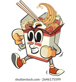cute chinese noodles box mascot cartoon vector boxing wearing boxing glove, kawaii ramen takeout character with chopsticks, isolated food illustration asian cuisine design, work of hand drawn