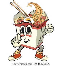 cute chinese noodles box mascot cartoon vector in martial arts stance pose, kawaii ramen takeout character with chopsticks, isolated food illustration for asian cuisine design, work of hand drawn