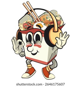 cute chinese noodles box mascot cartoon vector listening to headset while dancing calm, kawaii ramen takeout character with chopsticks, isolated food illustration, work of hand drawn