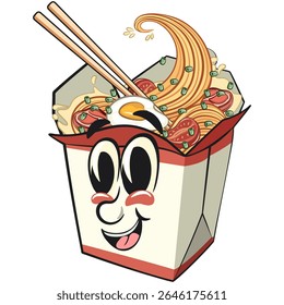 cute chinese noodles box mascot cartoon vector, kawaii ramen takeout character with chopsticks, isolated food illustration asian cuisine design, work of hand drawn