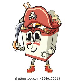 bonitinho macarrão caixa mascote vetor de desenho animado vestindo um chapéu pirata, kawaii ramen take out personagem com pauzinhos, ilustração de comida isolada design cozinha asiática, trabalho de mão desenhada