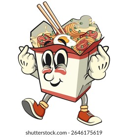 cute chinese noodles box mascot cartoon vector giving a sign of love with two hand, kawaii ramen takeout character with chopsticks, isolated food illustration asian cuisine design, work of hand drawn