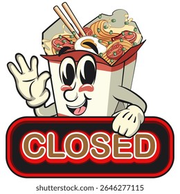 cute chinese noodles box mascot cartoon vector showing a sign that says closed, kawaii ramen takeout character with chopsticks, isolated food illustration asian cuisine design, work of hand drawn