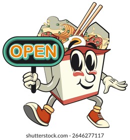 cute chinese noodles box mascot cartoon vector showing a sign that says open, kawaii ramen takeout character with chopsticks, isolated food illustration asian cuisine design, work of hand drawn