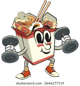 cute chinese noodles box mascot cartoon vector doing barbell lifting workout, kawaii ramen takeout character with chopsticks, isolated food illustration asian cuisine design, work of hand drawn