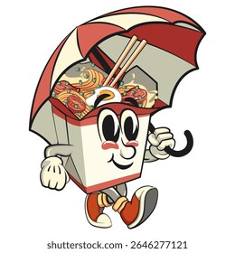 cute chinese noodles box mascot cartoon vector walking with an umbrella, kawaii ramen takeout character with chopsticks, isolated food illustration asian cuisine design, work of hand drawn