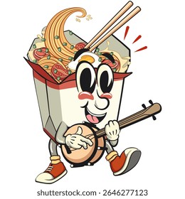 cute chinese noodles box mascot cartoon vector playing the banjo musical instrumen, kawaii ramen takeout character with chopsticks, isolated food illustration asian cuisine design, work of hand drawn