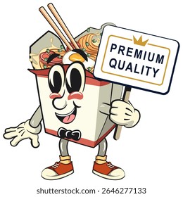 cute chinese noodles box mascot cartoon vector a sign that says premium quality, kawaii ramen takeout character with chopsticks, isolated food illustration asian cuisine design, work of hand drawn