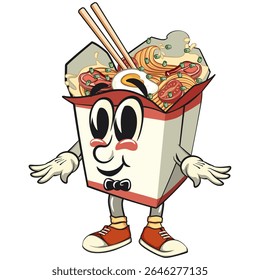 cute chinese noodles box mascot cartoon vector with a bow tie, kawaii ramen takeout character with chopsticks, isolated food illustration asian cuisine design, work of hand drawn