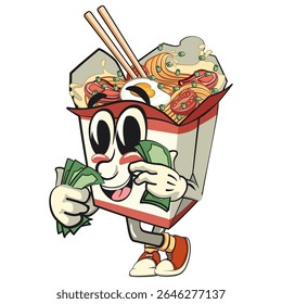 cute chinese noodles box mascot cartoon vector carrying money, kawaii ramen takeout character with chopsticks, isolated food illustration asian cuisine design, work of hand drawn