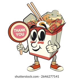 cute chinese noodles box mascot cartoon vector say thank you, kawaii ramen takeout character with chopsticks, isolated food illustration asian cuisine design, work of hand drawn