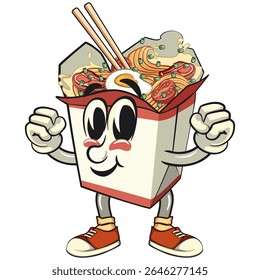 bonitinho chinês macarrão caixa mascote vetor de desenho animado ser saudável e forte o suficiente para se tornar um campeão, kawaii ramen take out personagem com pauzinhos, trabalho de mão desenhada