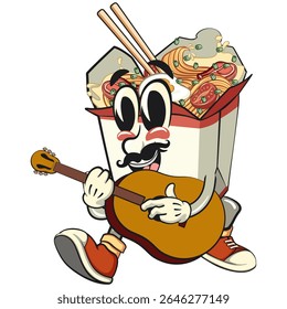 cute chinese noodles box mascot cartoon vector with moustache playing guitar, kawaii ramen takeout character with chopsticks, isolated food illustration asian cuisine design, work of hand drawn
