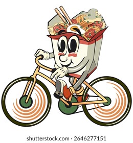cute chinese noodles box mascot cartoon vector enjoy riding a bike, kawaii ramen takeout character with chopsticks, isolated food illustration asian cuisine design, work of hand drawn