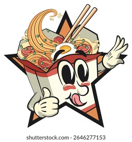 cute chinese noodles box mascot cartoon vector out from of a star by giving a thumbs up sign, kawaii ramen takeout character with chopsticks, work of hand drawn