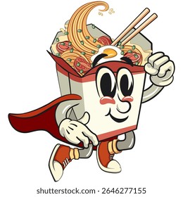 cute chinese noodles box mascot cartoon vector as flying superhero wearing a robe, kawaii ramen takeout character with chopsticks, work of hand drawn