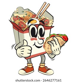 cute chinese noodles box mascot cartoon vector carrying a taco while giving a thumbs up, kawaii ramen takeout character with chopsticks, isolated food illustration asian cuisine, work of hand drawn