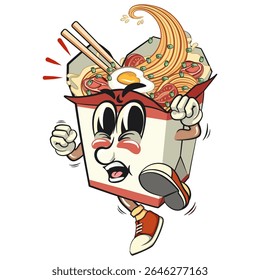 bonitinho macarrão caixa mascote charme vetor pulando e chutando, kawaii ramen take out personagem com pauzinhos, ilustração de comida isolada design cozinha asiática, trabalho de mão desenhada