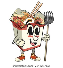 cute chinese noodles box mascot cartoon vector as farmer with his fork, kawaii ramen takeout character with chopsticks, isolated food illustration asian cuisine design, work of hand drawn