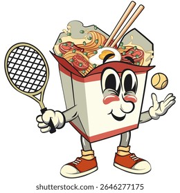 cute chinese noodles box mascot cartoon vector playing tennis, kawaii ramen takeout character with chopsticks, isolated food illustration asian cuisine design, work of hand drawn