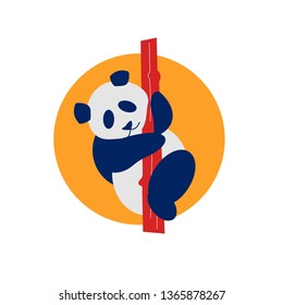 Cute Chinese Panda bear. Panda is sitting on a bamboo tree against the yellow sun. Vector illustration on white background.