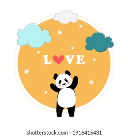 Cute Chinese panda and red heart on the background of the sun, stars and clouds.  For printing on textiles, clothing, decorative pillow. Vector graphics.