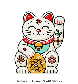 Cute chinese porcelain cat for good luck. flat linear vector illustration on white background