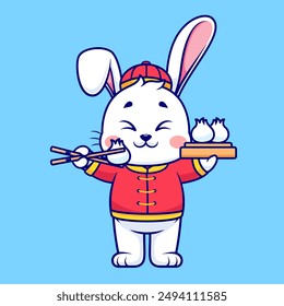 Cute Chinese Rabbit Eating Dim Sum With Chopstick Cartoon Vector Icon Illustration. Animal Food Icon Concept Isolated Premium Vector. Flat Cartoon Style